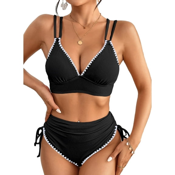 Eytino Bikinis for Women High Waisted Bikini Sets Swimsuit Ribbed V Neck Drawstring Tie Side Bottom Two Piece Bathing Suit