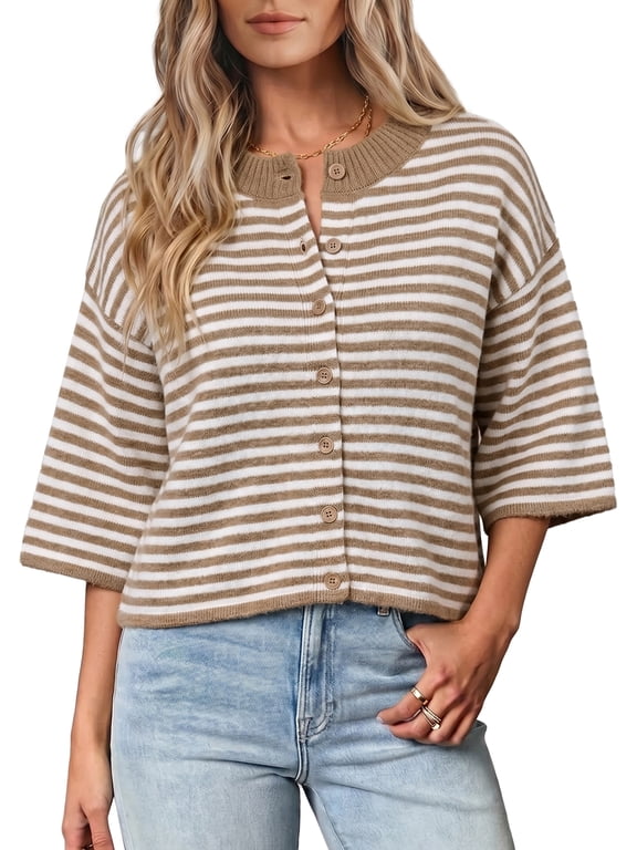 Cardigan Sweaters for Women Lightweight Knit 3/4 Sleeve Button Up Solid Knitwear Tops