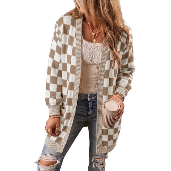 Eytino Cardigans for Women Checkered Color Block Oversized Cardigan Long Sleeve Plaid Knit Open Front Sweaters
