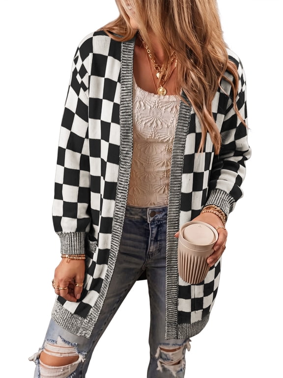 Cardigans for Women Color Block Plaid Oversized Sweaters Long Sleeve Open Front Knit Cardigan Fall Winter Outwear
