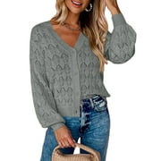 Eytino Cardigans for Women Cardigan Sweaters Lightweight Long Sleeve Crochet Knit Shrug Open Front V Neck Button up Tops Gray L