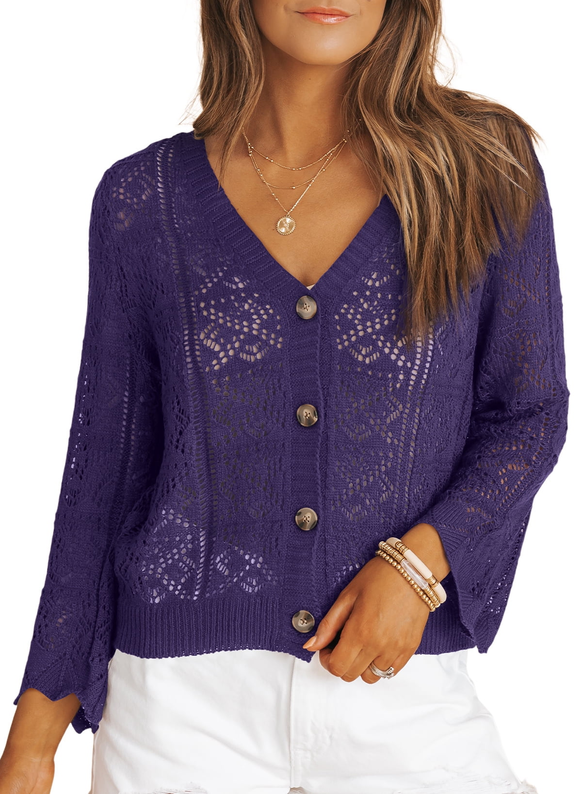 Eytino Cropped Cardigan Sweaters for Women Long Sleeve Crochet Knit Cardigan  Shrug Open Front V-Neck Button up Tops 
