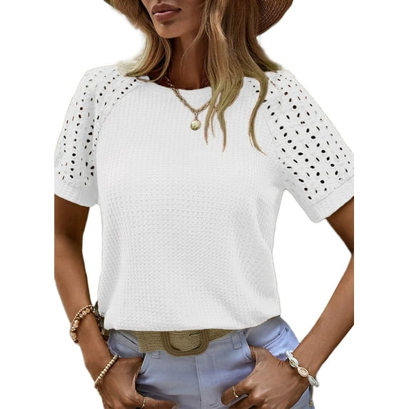 Eytino Casual Tops for Women Waffle Knit T Shirts Casual Crew Neck Hollow Out Tee Shirts Raglan Short Sleeve Summer Basic Tees S-2XL White