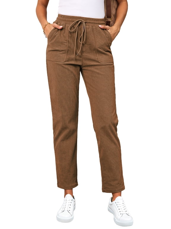 Women's Pants Elastic Waist Drawstring Pants Casual Corduroy Pants High Waist Straight Leg Pants Loose Comfy Lounge Pants Trousers with Pockets Camel XL