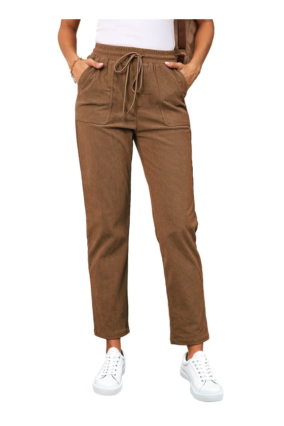 Casual Pants for Women Drawstring Corduroy Pants Elastic Waist Pants Trouser with Pockets Camel S