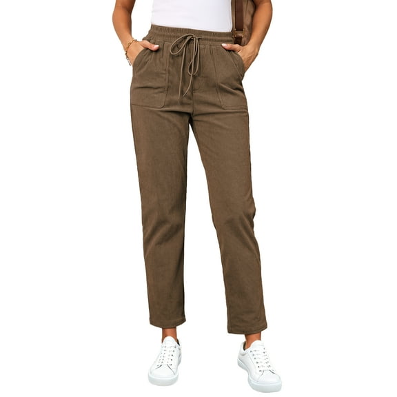 Eytino Women's Pants Elastic Waist Drawstring Pants Casual Corduroy Pants High Waist Straight Leg Pants Loose Comfy Lounge Pants Trousers with Pockets Brown M