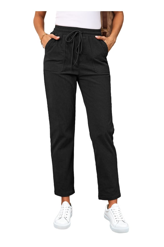 Corduroy Pants for Women Casual Drawstring Pants Elastic Waist Pants with Pockets Loose Comfy Trousers Black XL