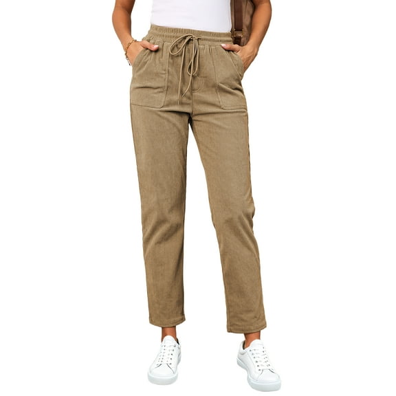 Eytino Corduroy Pants for Women Drawstring Elastic Waist Casual Pants Loose Comfy Trousers with Pockets Khaki S