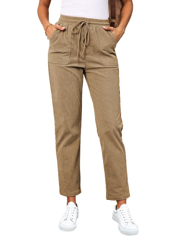 Corduroy Pants for Women Casual Drawstring Pants Women Elastic High Waist Straight Leg Pants Loose Comfy Trousers with Pockets Khaki M