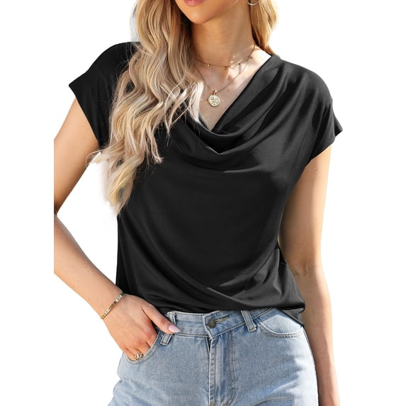 Eytino Cowl Neck Blouses for Women Dressy Casual Short Sleeve Spring Summer Tops Work Office Shirts