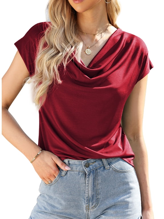 Cowl Neck Tops for Women Spring Summer Womens Tops Dressy Casual Business Short Sleeve Shirts Blouses