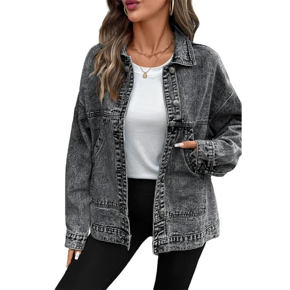 Eytino Denim Jacket Womens Oversized Jean Jacket Casual Long Sleeve Drop Shoulder Button Front Jean Jacket Coat with Pockets
