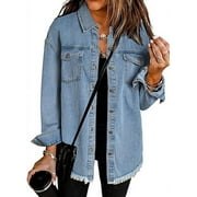 EYTINO Denim Jacket for Women Long Sleeve Boyfriend Jean Jacket Loose Coat Sky Blue S Female