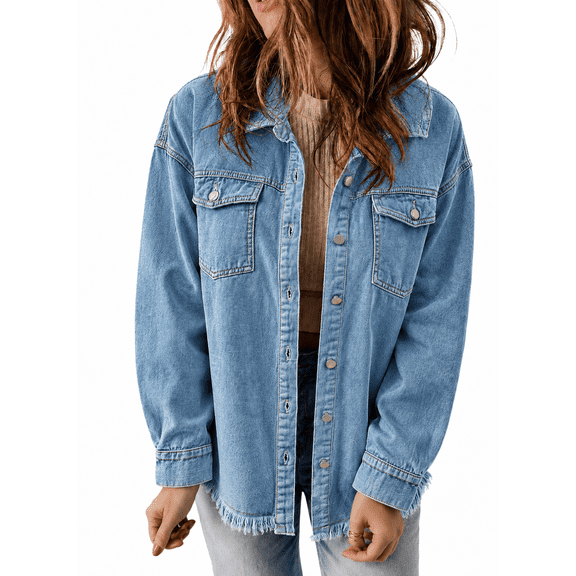 Eytino Denim Jacket for Women Long Sleeve Boyfriend Jean Jacket Loose Coat Sky Blue S Female