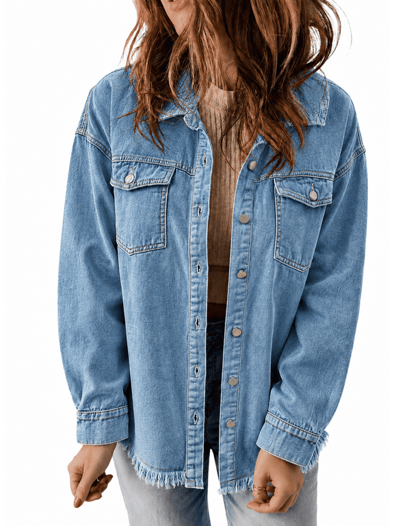 Denim Jacket for Women Long Sleeve Boyfriend Jean Jacket Loose Coat Sky Blue S Female