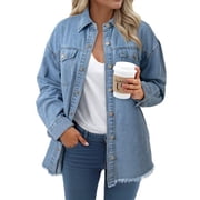 Eytino Denim Jacket for Women Long Sleeve Boyfriend Jean Jacket Loose Coat Sky Blue S Female