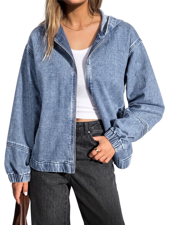Denim Jacket for Women with Hood Long Sleeve Drop Shoulder Oversized Jean Jacket Zip Up Bomber Jacket