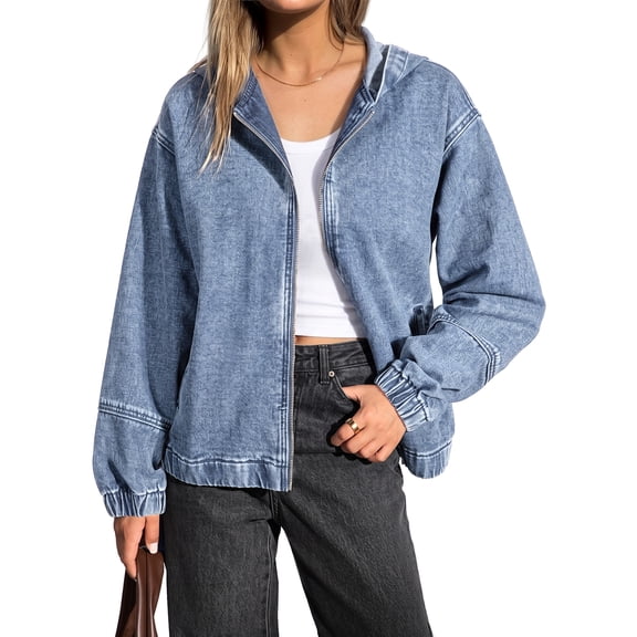 Eytino Denim Jacket for Women with Hood Long Sleeve Drop Shoulder Oversized Jean Jacket Zip Up Bomber Jacket