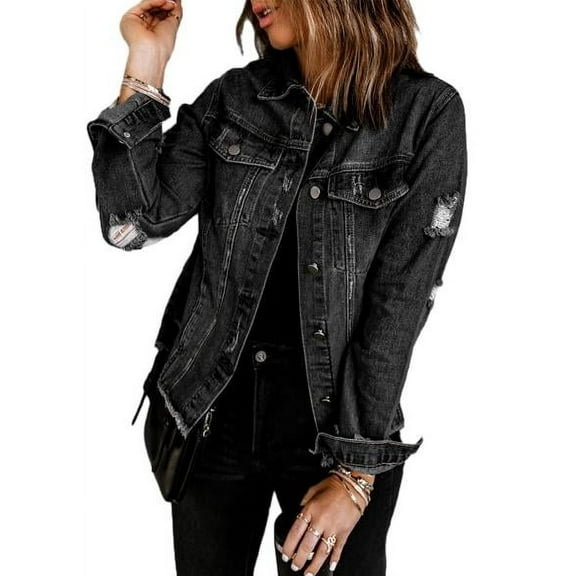 Eytino Denim Jackets Women Long Sleeve Distressed Ripped Long Sleeve Jean Jacket Coats with Pockets Black S-2XL