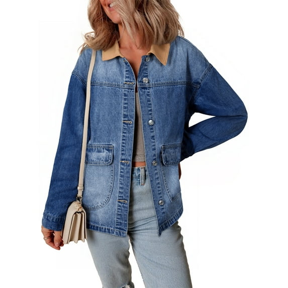 Eytino Jean Jacket for Women Denim Jackets with Contrast Trim Long Sleeve Button Down Jean Coat with Pockets Outerwear