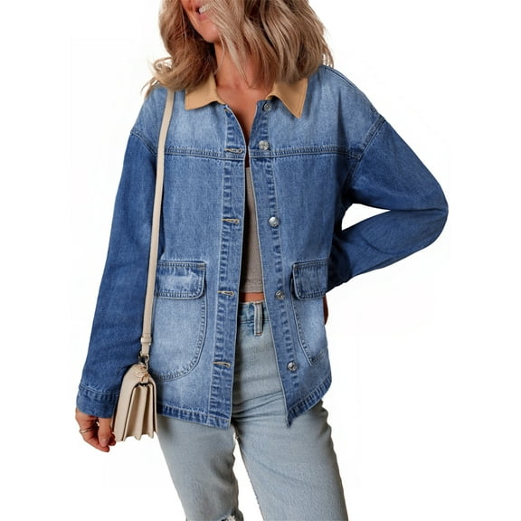 Eytino Jean Jacket for Women Denim Jackets with Contrast Trim Long Sleeve Button Down Jean Coat with Pockets Outerwear