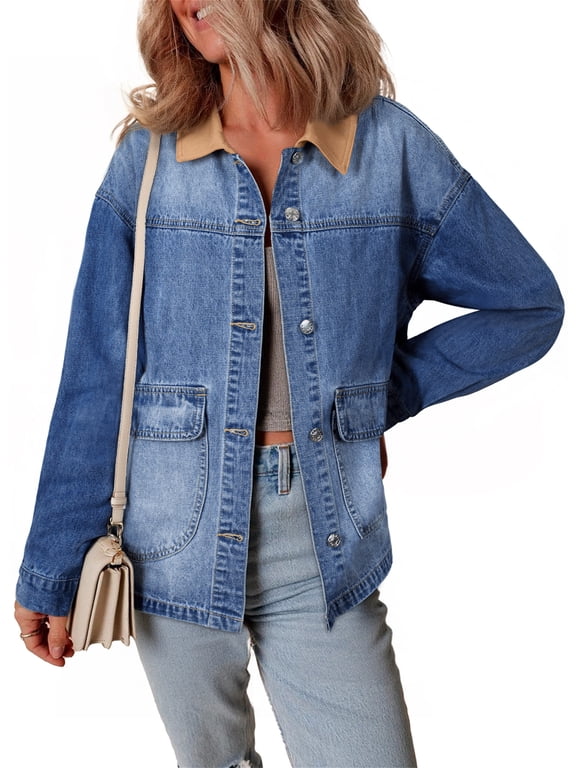 Womens Denim Jacket Oversized Jean Jacket with Contrast Trim Long Sleeve Button Down Jean Coat with Pockets Outerwear