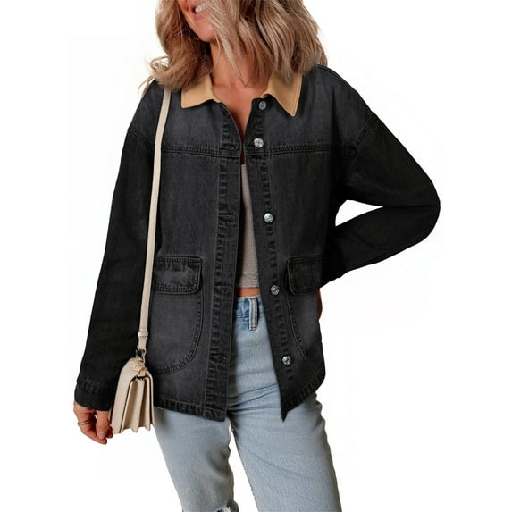 Eytino Jean Jacket for Women Denim Jackets with Contrast Trim Long Sleeve Button Down Jean Coat with Pockets Outerwear