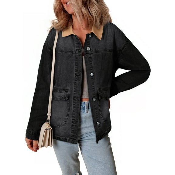 Eytino Oversized Jean Jackets for Women Denim Jacket with Contrast Trim Long Sleeve Button Down Jean Coat with Pockets Outerwear