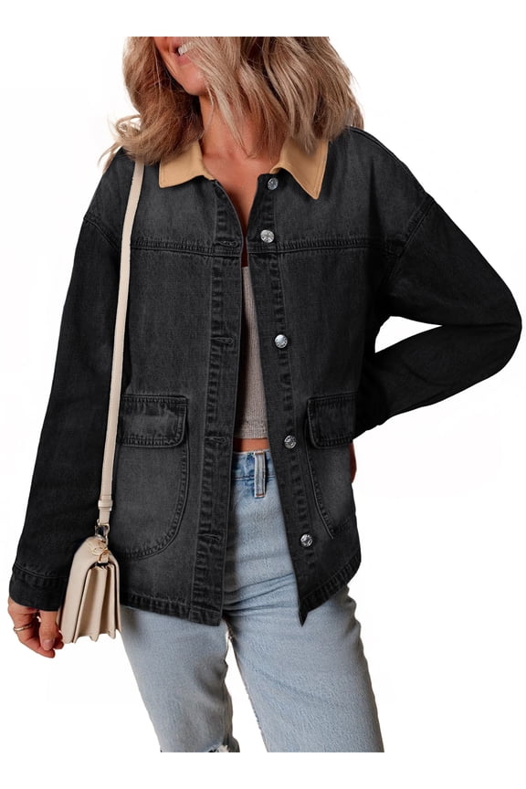 Oversized Jean Jackets for Women Denim Jacket with Contrast Trim Long Sleeve Button Down Jean Coat with Pockets Outerwear
