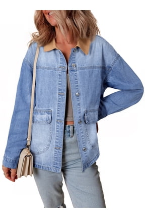 Denim Jackets for Women Oversized Jean Jacket with Contrast Trim Long Sleeve Button Down Jean Coat with Pockets Outerwear