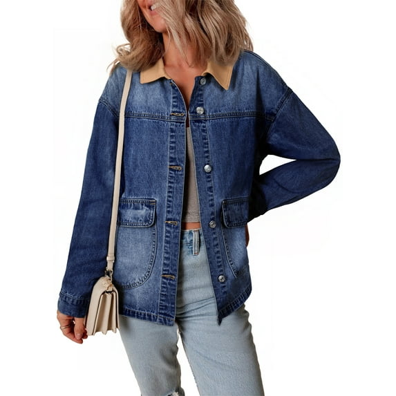 Eytino Womens Jean Jacket Oversized Denim Jacket with Contrast Trim Long Sleeve Button Down Jean Coat with Pockets Outerwear