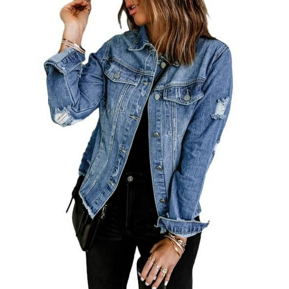 Eytino Denim Jackets for Women Long Sleeve Distressed Ripped Long Sleeve Jean Jacket Coats with Pockets Blue S-2XL