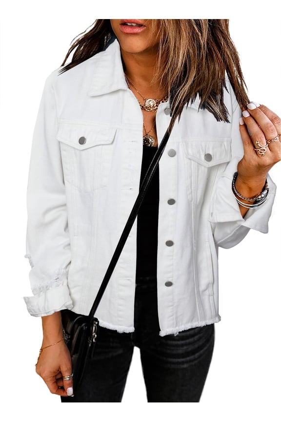 Denim Jackets for Women Long Sleeve Distressed Ripped Long Sleeve Jean Jacket Coats with Pockets White S-2XL