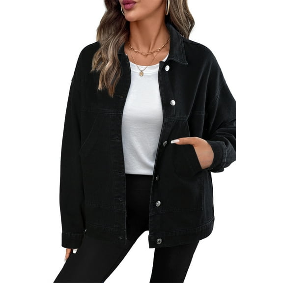 Eytino Denim Jackets for Women Oversized Casual Long Sleeve Drop Shoulder Button Front Jean Jacket Coat with Pockets