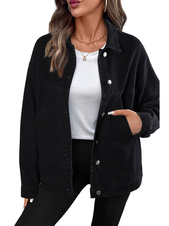 Denim Jackets for Women Oversized Casual Long Sleeve Drop Shoulder Button Front Jean Jacket Coat with Pockets