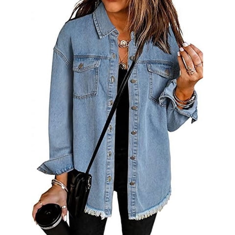 Denim Jackets for Women Plus Size Long Sleeve Loose Jean Jacket Coats Sky Blue L Female