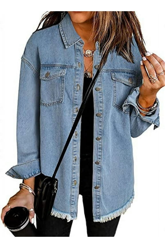 Denim Jackets for Women Plus Size Long Sleeve Loose Jean Jacket Coats Sky Blue L Female