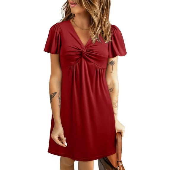 Eytino Dresses Womens Casual Summer Holiday Dress Twist Front V Neck Short Sleeve Beach Vacation Mini Dress S-2XL Red