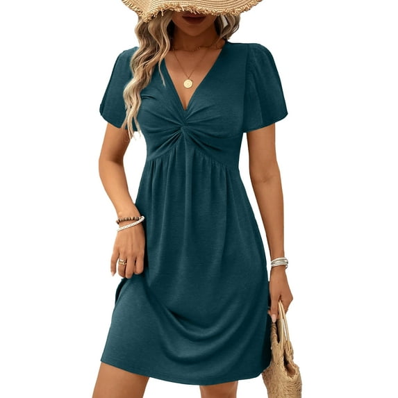 Eytino Dresses for Women Twist Front V Neck Summer Dress Short Sleeve Beach Vacation Holiday Dress S-2XL Green