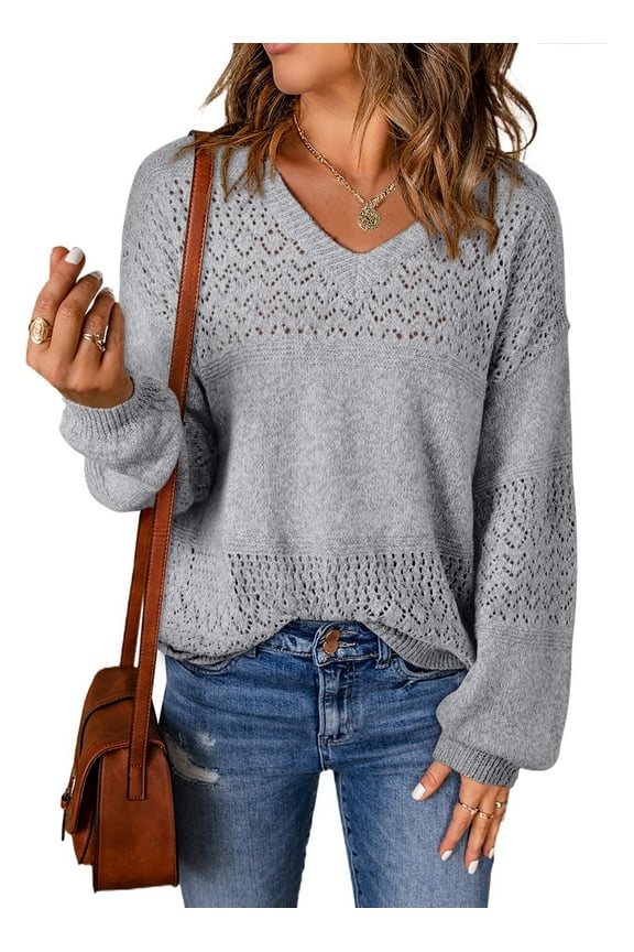 Fall Sweaters for women Casual Long Sleeve V Neck Sweater Lightweight Crochet Pullover Sweater Tops Gray L