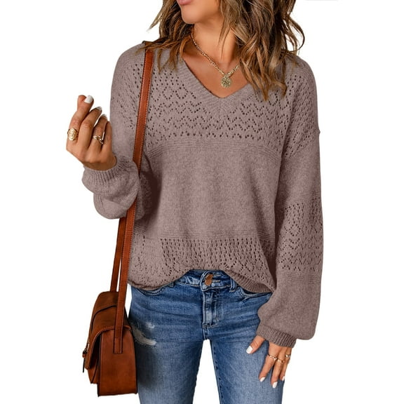Eytino Fall Sweaters for women Casual Long Sleeve V Neck Sweater Lightweight Crochet Pullover Sweater Tops L