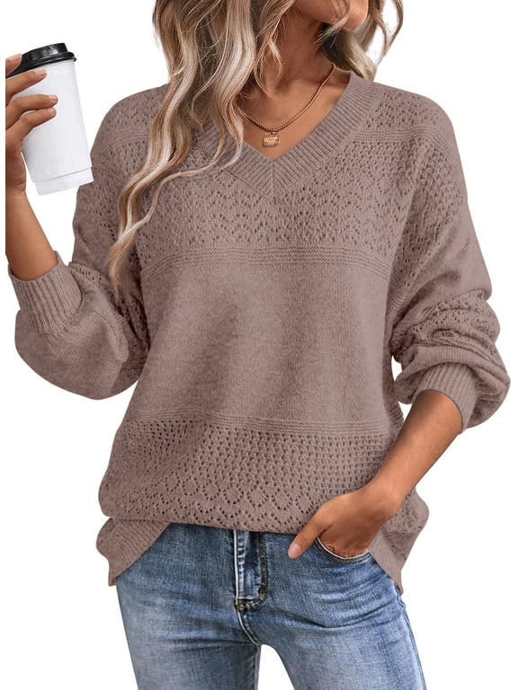 Fall Sweaters for women Casual Long Sleeve V Neck Sweater Lightweight Crochet Pullover Sweater Tops L