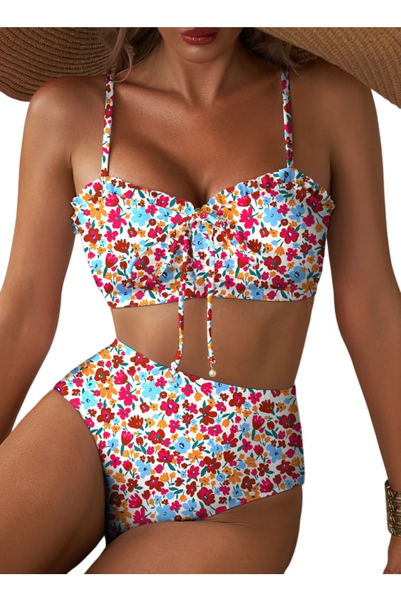 Floral Print Bikini Sets for Women Lace Up Front Two Piece Swimsuit Ruched Ruffle Trim High Waisted Bathing Suits 2XL