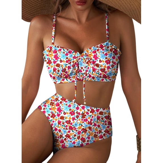 Eytino High Waisted Bathing Suits for Women Two Piece Swimsuit Floral Print Ruffle Trim Bikini Set Lace Up Front Swimwear M