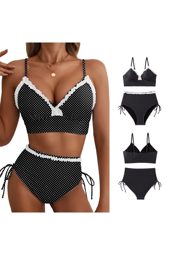 High Waisted Bikini Sets for Women Two Piece Swimsuit Tie Side Tummy Control Bathing Suits with Ruffle Trim Black 2XL