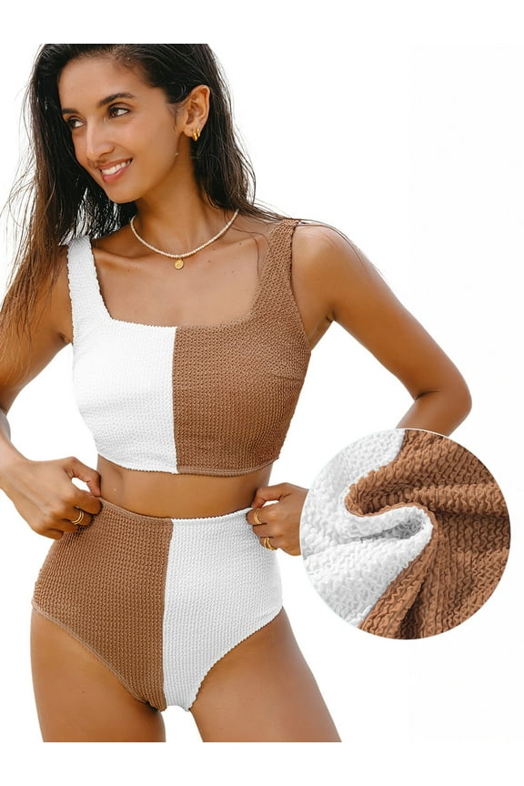 High Waisted Swimsuits for Women 2 Piece Bikini Set 2025 Summer Beach Scrunch Square Neck Bathing Suits Color Block Swim Suit Swimwear White Brown XS