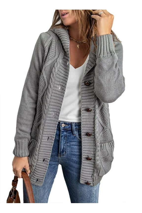 Hooded Cardigan Sweaters for Women Long Sleeve Button Down Knit Sweater Coat Outwear with Pockets