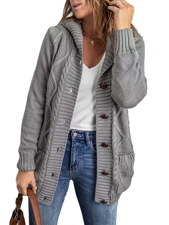Hooded Cardigan Sweaters for Women Long Sleeve Button Down Knit Sweater Coat Outwear with Pockets