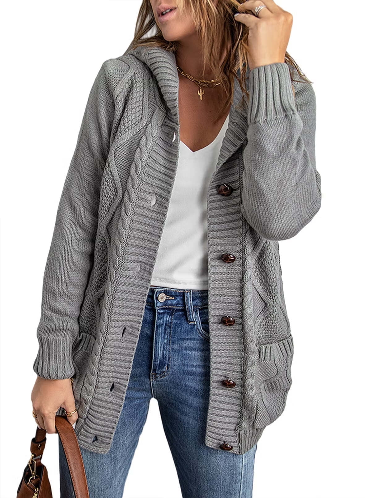 Eytino Hooded Cardigan Sweaters for Women Long Sleeve Button Down Knit  Sweater Coat Outwear with Pockets