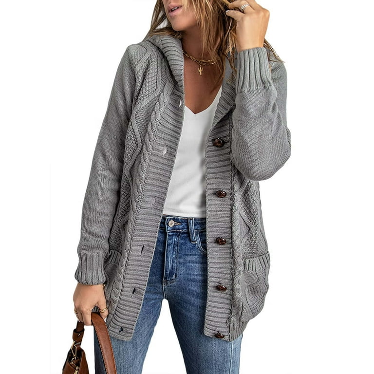 Eytino Hooded Cardigan Sweaters for Women Long Sleeve Button Down Knit  Sweater Coat Outwear with Pockets 